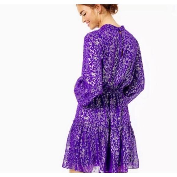 Lilly Pulitzer Purple Metallic Long Sleeve Tiered Dress Silk Blend Approx Size 0 - Picture 2 of 9